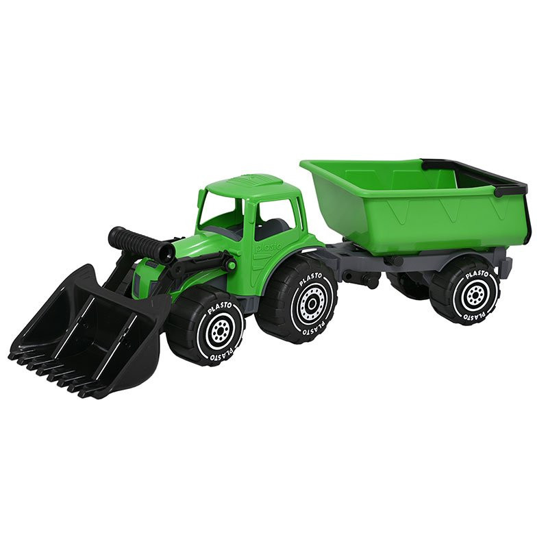 Stor traktor med frontlæsser og trailer grøn 56 cm